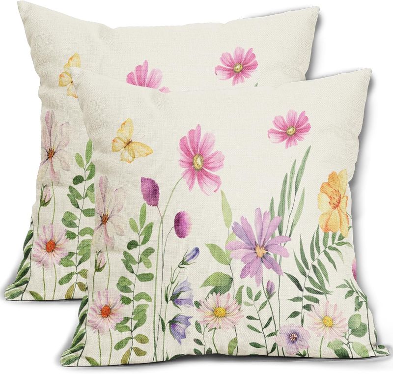 Photo 1 of Spring Floral Pillow Covers 18x18 Inch Set of 2 Summer Colorful Flower Butterfly Outdoor Decorative Throw Pillow Covers Farmhouse Pillowcases Cotton Linen Cushion Covers for Couch Bed Sofa Chair Decor
