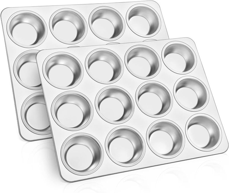 Photo 1 of TeamFar 12-Cup Muffin Pan, Stainless Steel Cupcake Pans Muffin Tin Set for Oven Baking Mini Brownies Quiches Tarts, Non Toxic & Regular Size, Dishwasher Safe – Set of 2
