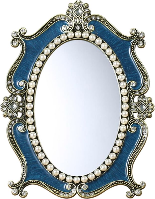 Photo 1 of (9.4 * 7.1in, 12.6 * 10.6in) Vintage Oval Vanity Mirror, Cosmetic Mirror with Stand, Pearl Floral Frame Metal Vanity Mirror (Color : Blue, Size : 32 * 27cm/12.6 * 10.6in)
