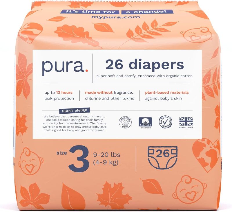 Photo 1 of Pura Size 3 Eco-Friendly Diapers (9-20 lbs) Totally Chlorine Free (TCF) Hypoallergenic, Soft Organic Cotton, Sustainable, up to 12 Hours Leak Protection, Allergy UK, 1 Pack of 26 Diapers
