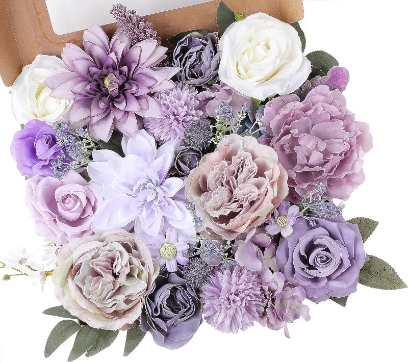 Photo 1 of Artificial Flowers Combo Silk Mix Purple Fake Flowers with Stems for DIY Wedding Bouquets Centerpieces Arrangements Table Chair Decor Baby Shower Home Decor
