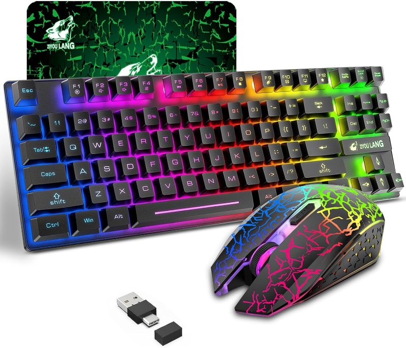 Photo 1 of Wireless Gaming Keyboard and Mouse Combo with 87 Key Rainbow LED Backlight Rechargeable 3800mAh Battery Mechanical Feel Anti-ghosting Ergonomic Waterproof RGB Mute Mice for Computer PC Gamer (Black)
