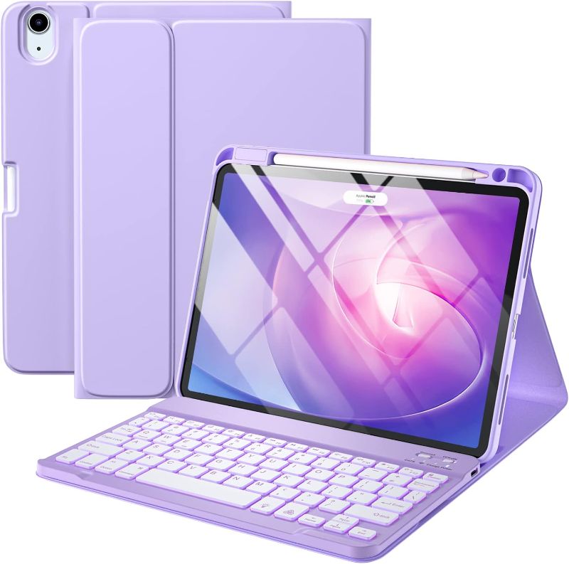 Photo 1 of iPad Air 11-inch M2/ 10.9 Inch Air 5th 4th Generation Case with Keyboard - Backlit Wireless Detachable, Folio Cover with Pencil Holder for iPad Air 11 2024/ Air 5 2022/ Air 4 (Purple)

