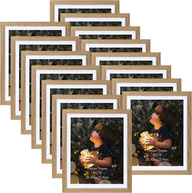 Photo 1 of 8x10 Picture Frame 15 Pack, Display Pictures 8x10 with Mat or 9x11 without Mat, Natural Wood Color Bulk Photo Frames for Wall or Tabletop
