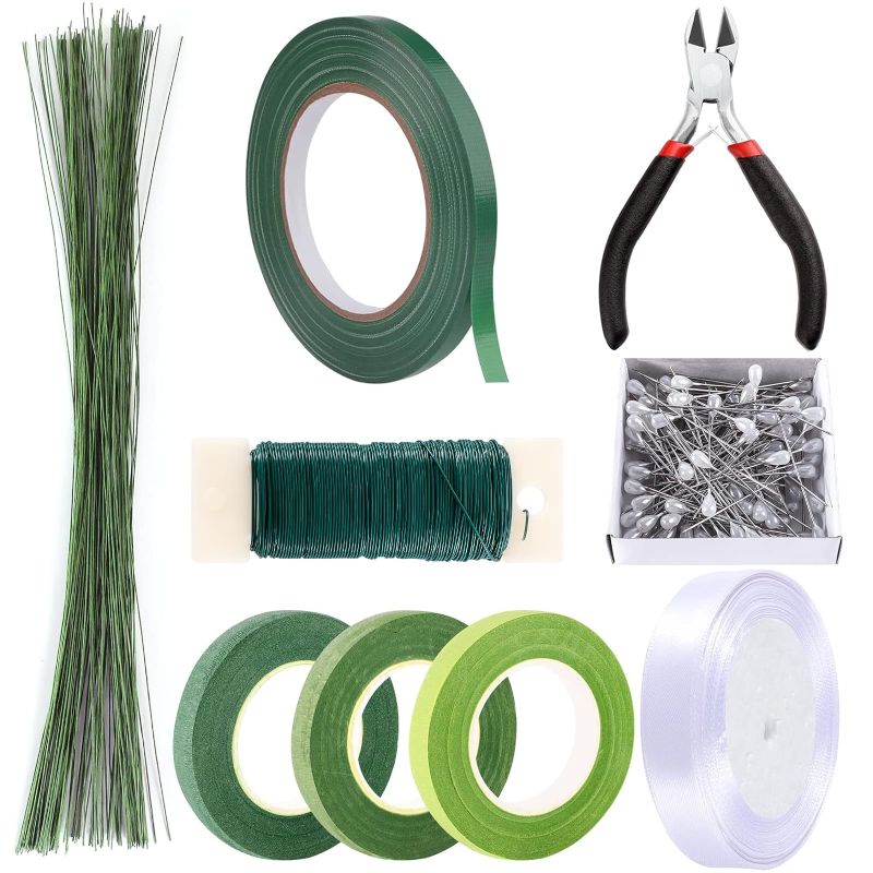 Photo 1 of Pengxiaomei Floral Tape and Floral Wire Floral Arrangement Kit,Green Floral Tape and Boutonniere Pin White Ribbon Wire Cutter 22 Guage Floral Stem Wire for Wreath Making Supplies
