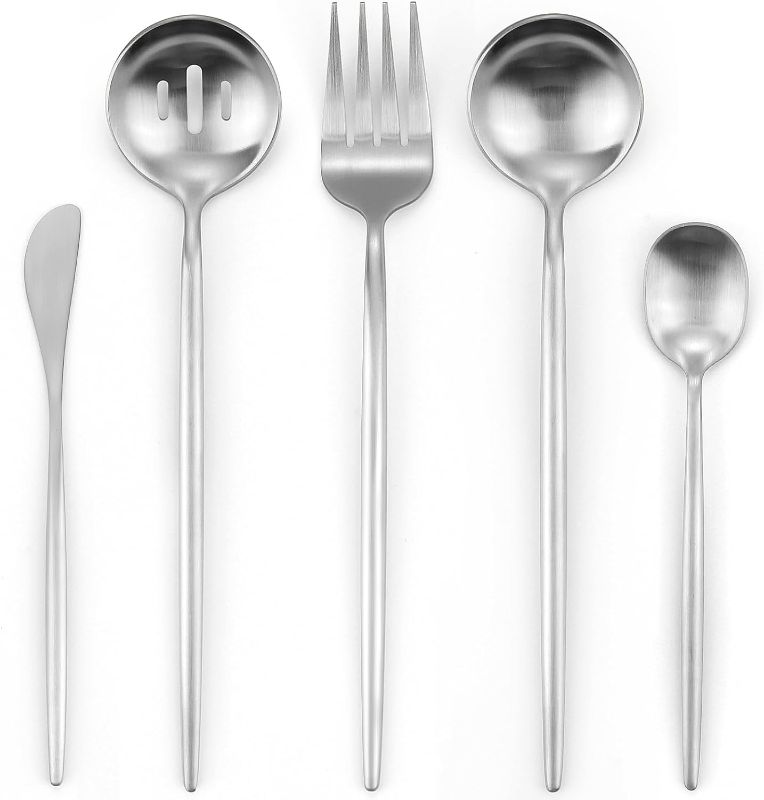 Photo 1 of Matte Serving Set?Oliviola 5-Piece Stainless Steel Large Hostess Set with Round Edge, Satin Finished, Dishwasher Safe -Large Spoon, Large Fork,Butter Knife?Sugar Spoon & Slotted Spoon
