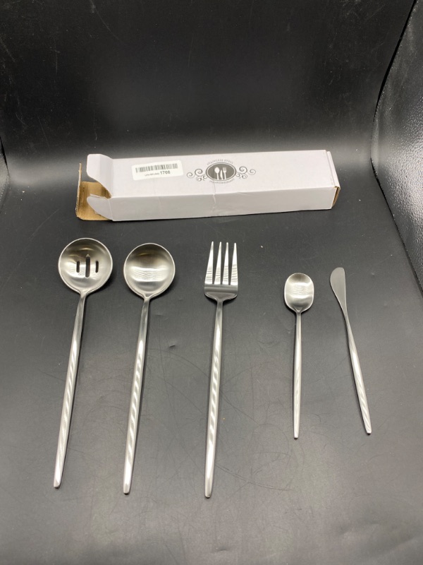 Photo 2 of Matte Serving Set?Oliviola 5-Piece Stainless Steel Large Hostess Set with Round Edge, Satin Finished, Dishwasher Safe -Large Spoon, Large Fork,Butter Knife?Sugar Spoon & Slotted Spoon
