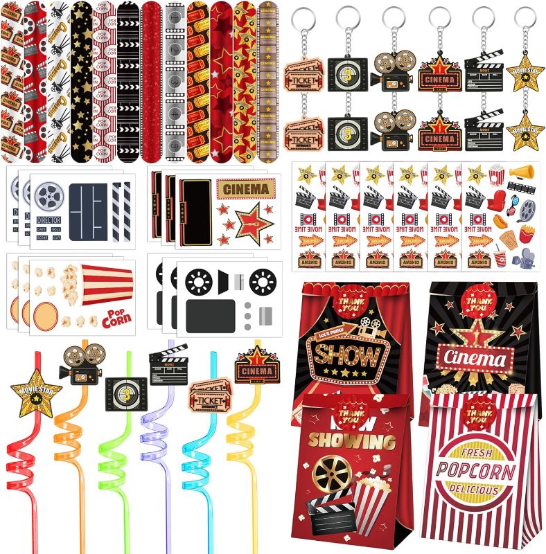 Photo 1 of Movie Night Party Favors 72 PCS Movie Theater Slap Bracelets Temporary Tattoos DIY Stickers Keychains Plastic Straws Gift Bags for Kids Movie Night Carzy Birthday Party Gift Baby Shower Goodie Bag Fillers Movie Party Supplies
