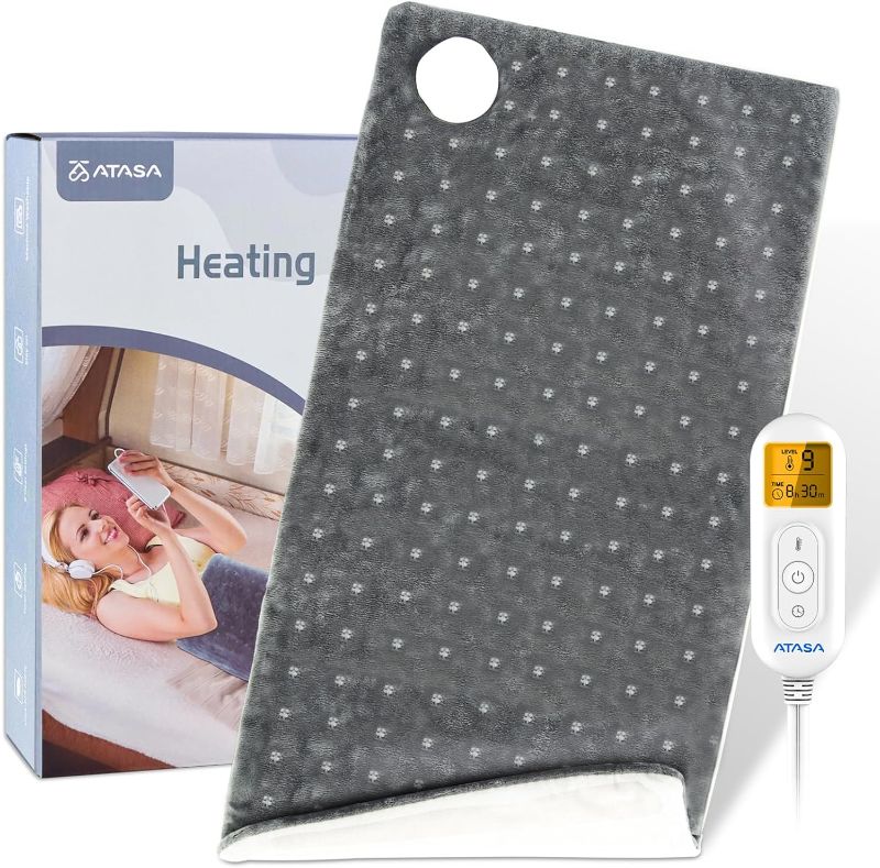 Photo 1 of ATASA Heating Pad for Back Pain Relief & Cramp, Electric Heat Pad with 9 Heat Level, 11 Auto Shut Off, LCD Controller, Dry/Moist Heated for Waist/Abdomen/Shoulder/Neck, Machine-Washable, Gray
