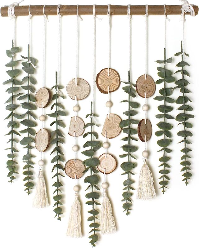 Photo 1 of Artificial Eucalyptus Wall Decor Fake Greenery Leaves Stems Wall Hanging Plants on 16.5 inch Wooden Stick Boho Rustic Farmhouse Decor for Bedroom Kitchen Dining Room Bathroom
