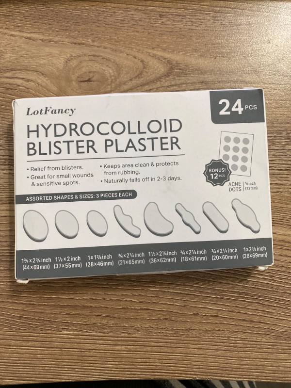 Photo 2 of LotFancy Blister Bandages, 24PCS Blister Pads and 12 Dots Acne Plaster, Gel Blister Cushion - 8 Size Waterproof Hydrocolloid Seal Adhesive Bandages for Foot, Toe, Heel Blister Prevention & Recovery
