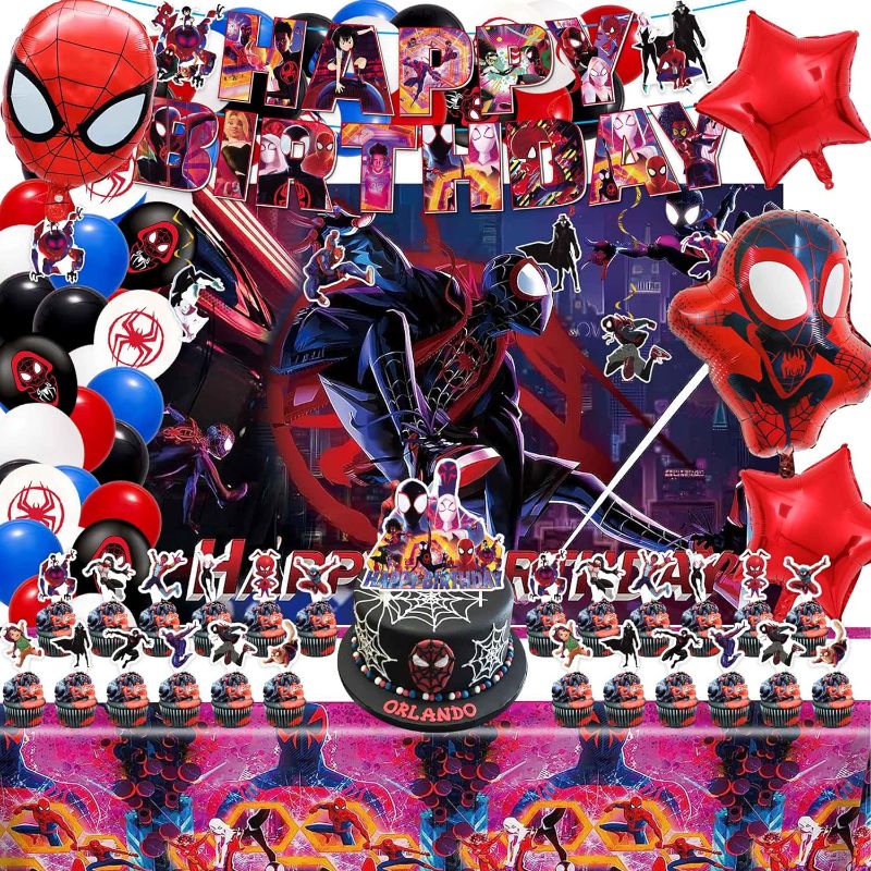 Photo 1 of Spider Miles Morales Birthday Party Decorations, Spider Birthday Party Supplies Includes Banner?Backdrop?Cupcake Toppers?Balloons for Spider Across the Spider-Verse Party Decor
