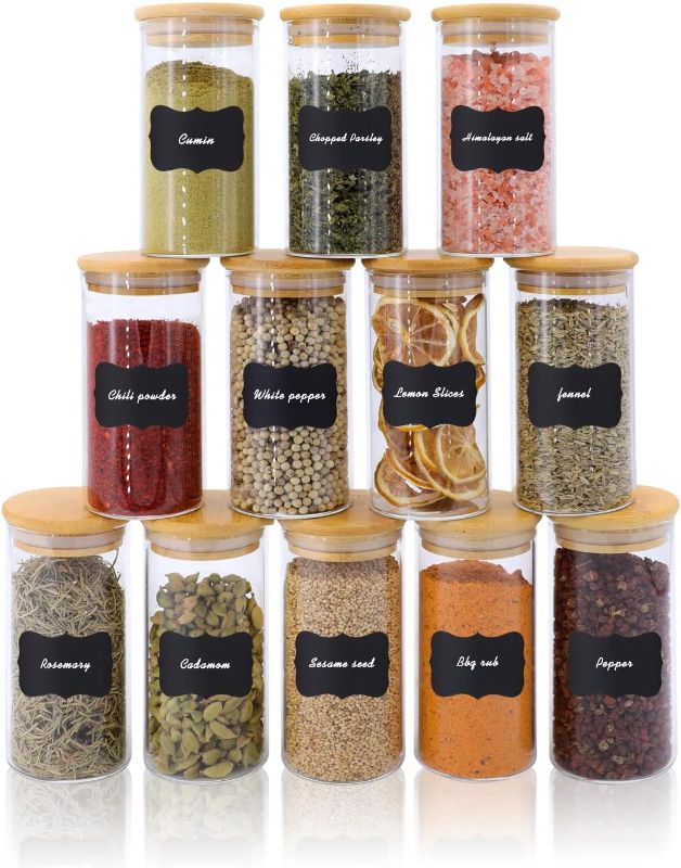 Photo 1 of Aelga Glass Spice Jars with Labels, 12PCS 8 OZ Spice Containers with Bamboo Lids, Airtight Seasoning Jars for Spice Rack, Cabinet, Drawer
