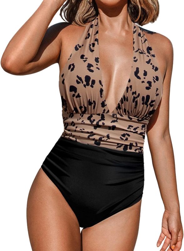 Photo 1 of XL CUPSHE Women V Neck One Piece Swimsuit Halter Backless Ruched Tummy Control Bathing Suit
