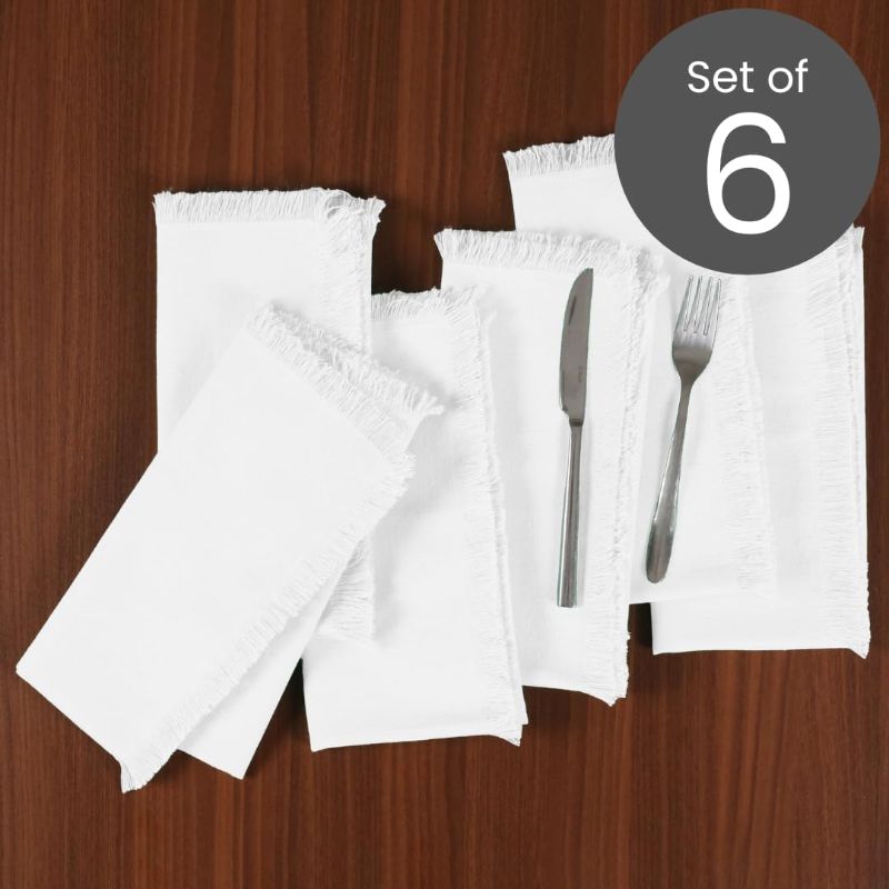 Photo 1 of Cloth Dinner Napkins Fringes Set of 6 - Farmhouse Napkins 100% Cotton 20x20 inches - Soft Durable Washable - Ideal for Events Weddings Holidays Christmas Easter - Cloth Napkins White
