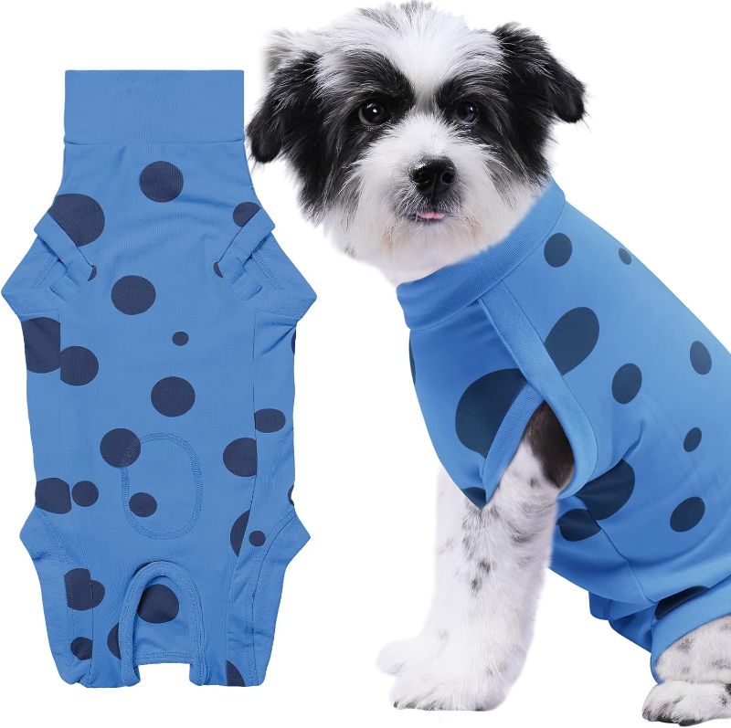 Photo 1 of {S} Dog Recovery Suit, Professional Dog Surgery Suit Post Spay, Neuter, Abdominal Surgical Suit for Male Female Dogs Can Pee, Prevent Licking Soft Breathable Cotton Covers Wound (Blue, Medium)
