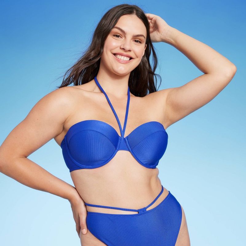 Photo 1 of {38D} Women's Lightly Lined Ribbed Halter Bikini Top - Shade & Shore™ Blue