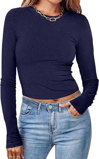 Photo 1 of {L} MEROKEETY Women Long Sleeve Slim Fit Crop Shirt Ribbed Knit Tops Casual Round Neck Y2K Tees
