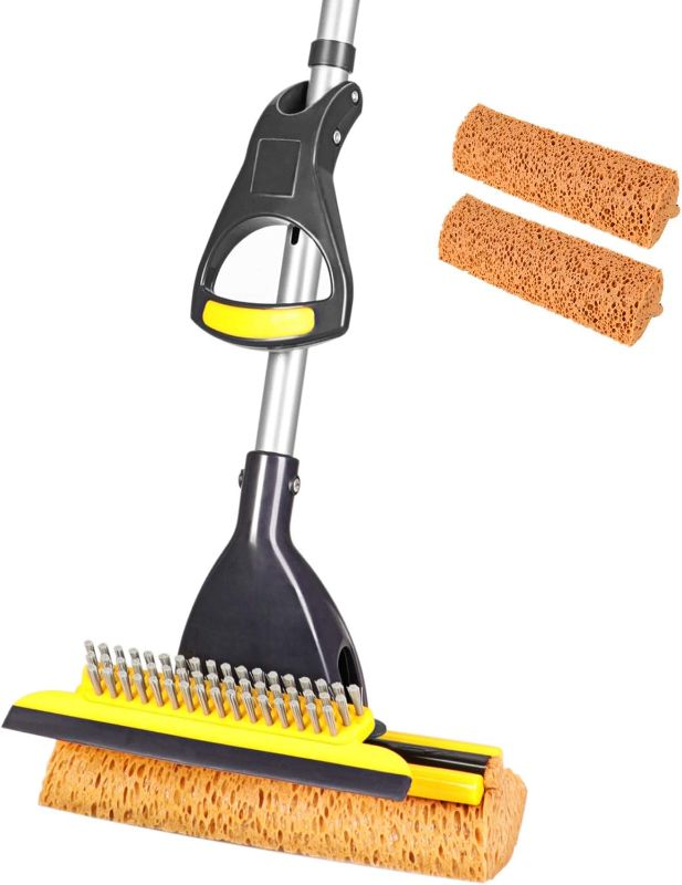 Photo 1 of Yocada Sponge Mop Home Commercial Use Tile Floor Bathroom Garage Cleaning with Total 2 Sponge Heads Squeegee and Extendable Telescopic Long Handle 42.5-52 Inches Easily Dry Wringing
