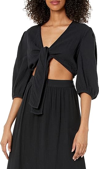 Photo 1 of {L} The Drop Women's Natasha Gauze Cropped Tie-Front Puff Sleeve Top
