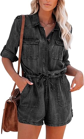 Photo 1 of {S}  Paintcolors Women's Button Down Pockets Belted Washed Denim Jumpsuits Rompers
