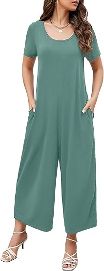 Photo 1 of {L} Womens Summer Fashion Short Sleeve Crewneck Jumpsuit Loose Casual Romper Long Pants with Pockets
