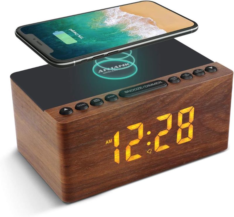 Photo 1 of ANJANK Digital LED Alarm Clock FM Radio, Fast Wireless Charger Station for iPhone/Samsung Galaxy, 5 Level Dimmer, USB Charging Port, 2 Sounds, Sleep Timer for Bedroom, Bedside, Desk - Wood
