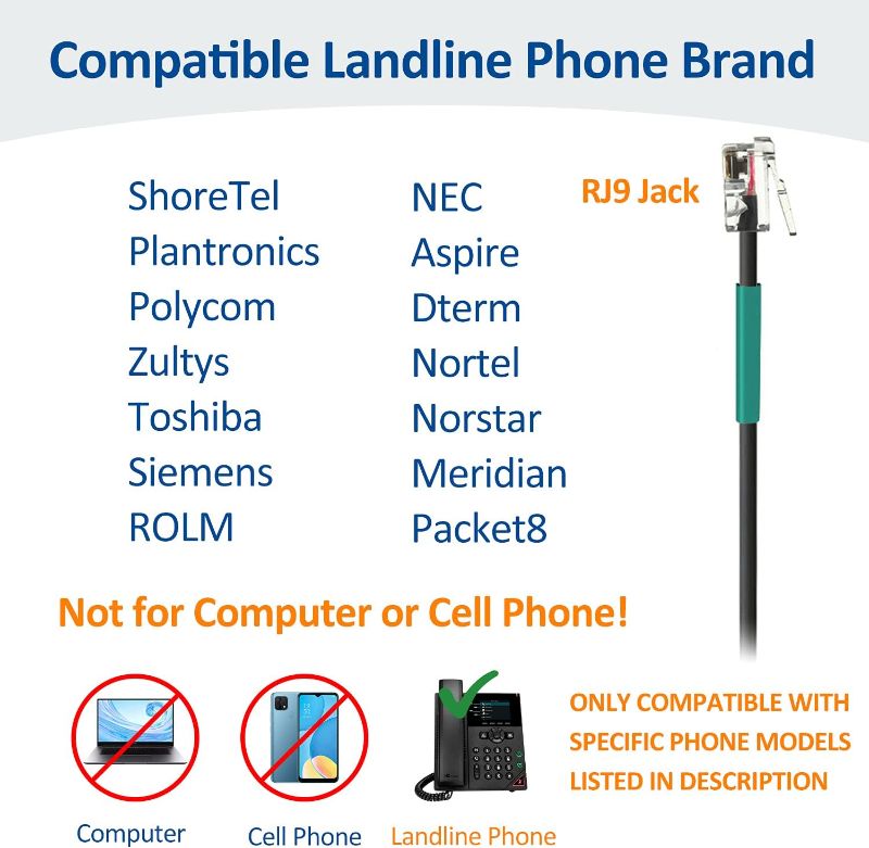 Photo 2 of Wantek Corded Telephone Headset Mono w/Noise Canceling Mic Compatible with ShoreTel Plantronics Polycom Zultys Toshiba NEC Aspire Dterm Nortel Norstar Meridian Packet8 Landline Deskphones(F600S2)
