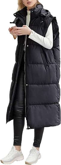 Photo 1 of {S} Bozanly Womens Long Puffer Vest Jacket Casual Sleeveless Belted Hooded Down Padded Vests Coat
