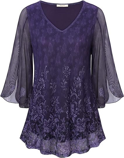 Photo 1 of {L] Bebonnie Womens Ruffle 3/4 Sleeve V Neck Double Layers Mesh Blouses Loose Fit Flowy Tunic Tops
