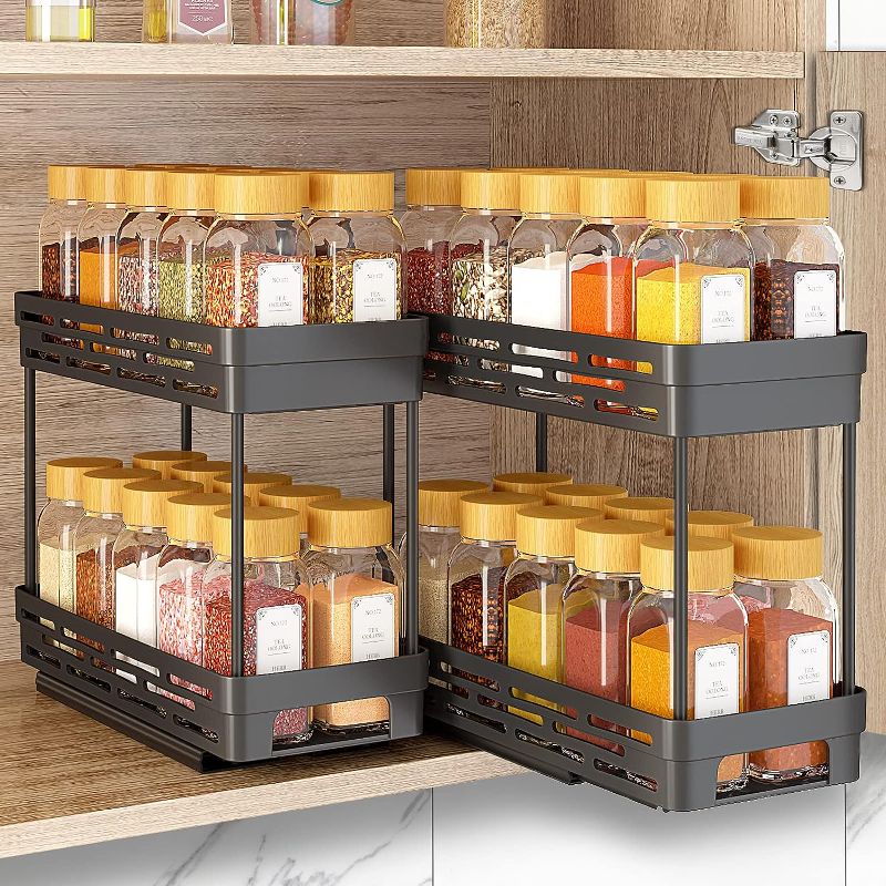 Photo 1 of 2 Packs Pull Out Spice Rack Organizer for Cabinet, Slide Out Spice Racks Organizer, Easy to Install Spice Cabinet Organizers, 4.33''Wx10.4''Dx8.5''H, Each Tier Hold 10 Spice Jars - 2 Tier
