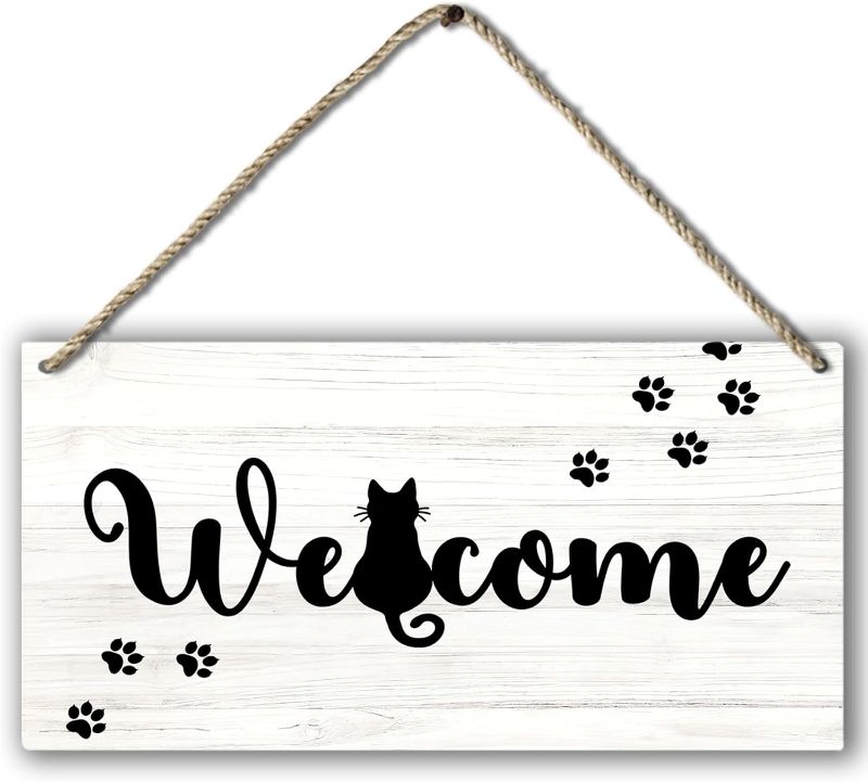 Photo 1 of Funny Black Cat Welcome Printed Wood Plaque Sign Wall Hanging,Rustic Hanging Wall Signs for Cat Lover Home Decor, Funny Front Door Porch Welcome Sign 12 x 6 Inches
