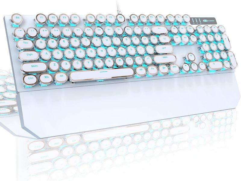 Photo 1 of MageGee Typewriter Mechanical Gaming Keyboard, Retro Punk Round Keycap LED Backlit USB Wired Keyboards for Game and Office, for Windows Laptop PC Mac - Blue Switches/White
