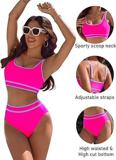 Photo 1 of {M} BMJL Women's High Waisted Bikini Sets Sporty Two Piece Swimsuits Color Block Cheeky High Cut Bathing Suits
