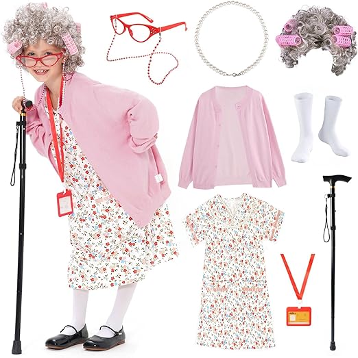 Photo 1 of {5-7Y} FAYBOX 9 pcs Old Lady Costume for Kids,100 Days of School Costume Old Lady Wig for Girls,Halloween Granny Grandma Dress Up
