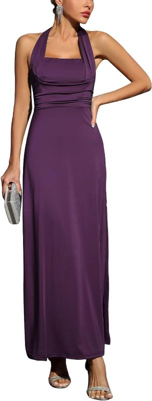 Photo 1 of {S} Women Halter Neck Backless Bodycon Maxi Dress Sexy Elegant Strapless Ruched High Slit Formal Long Dresses
