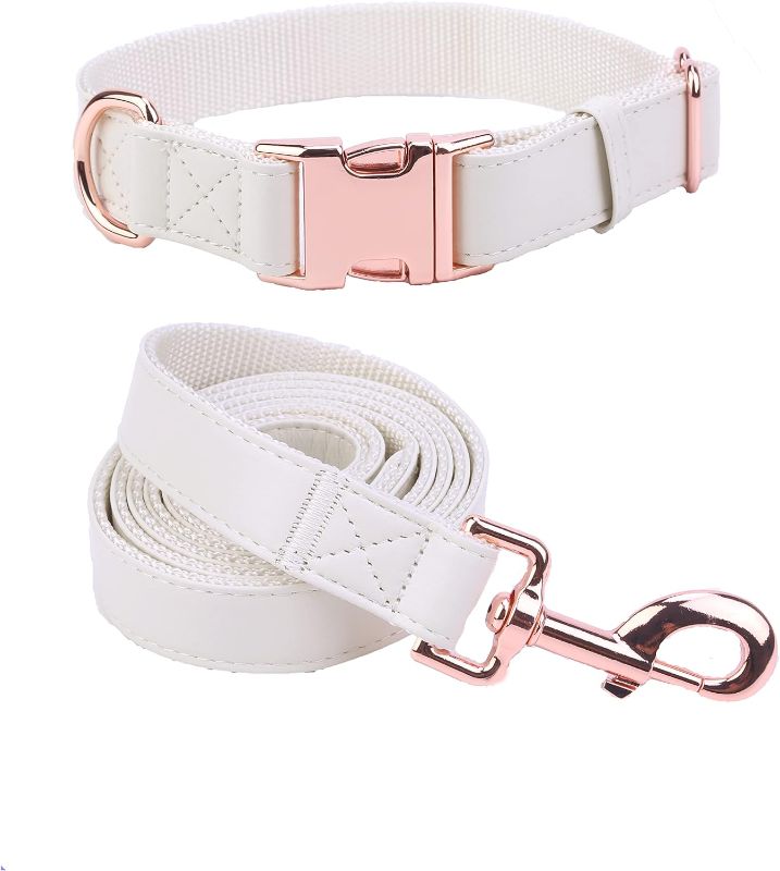 Photo 1 of {M} Dog Collar and Leash Set.Soft and Easy to Clean Vegan Leather with Rose Gold Metal Buckle for Small Medium Large Dogs (Off-White, M(13.8"-19.7"))
