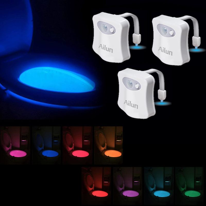 Photo 1 of Ailun Toilet Night Light 3Pack Motion Activated LED Light 8 Colors Changing Toilet Bowl Illuminate Nightlight for Bathroom Battery Not Included 
