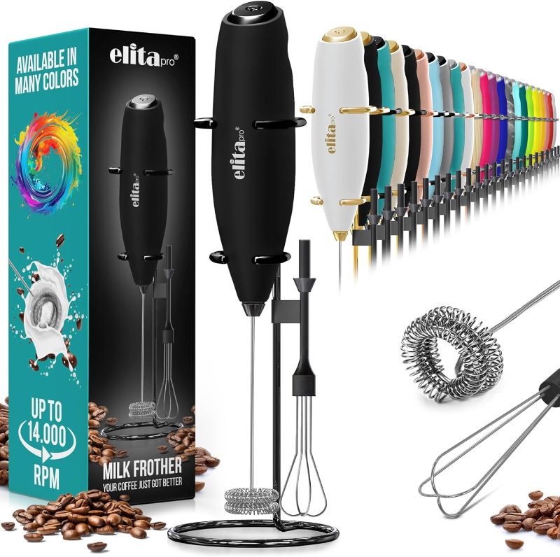 Photo 1 of ELITAPRO ULTRA-HIGH SPEED Milk Frother - Double Whisk Handheld Foam Maker - 2-in-1 Drink Mixer - Detachable Egg Beater - Frother Wand for Matcha, Coffee, Latte, Cappuccino, Hot Chocolate (Black/Black)
