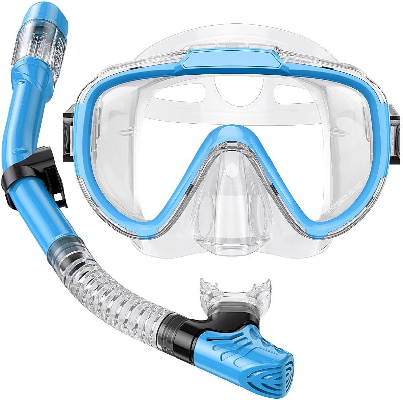 Photo 1 of One Size Fits 12 Years and Older - Snorkel Set Adults Snorkeling Gear Anti-Fog Panoramic View Swim Mask Dry Top Snorkel Kit with Carry Bag for Snorkeling Scuba Diving Swimming Travel

