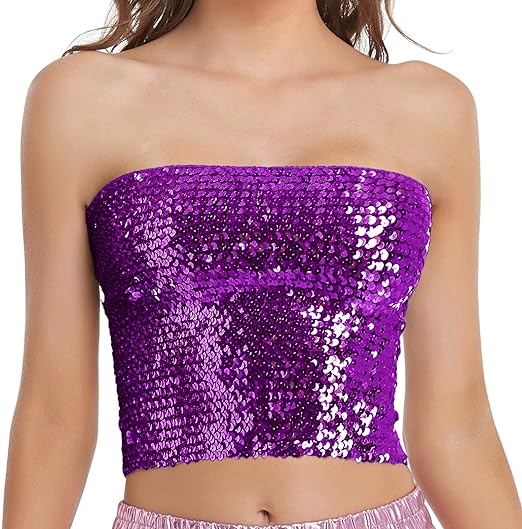 Photo 1 of Size S Womens Sparkly Sequin Mermaid Crop Tops, Strapless Metallic Tube Tops for Party Clubwear
