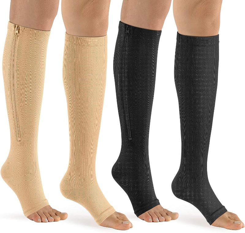 Photo 1 of bropite Zipper Compression Socks Women & Men - 2Pairs Calf Knee High 15-20mmHg Open Toe Compression Stocking suit for Walking
