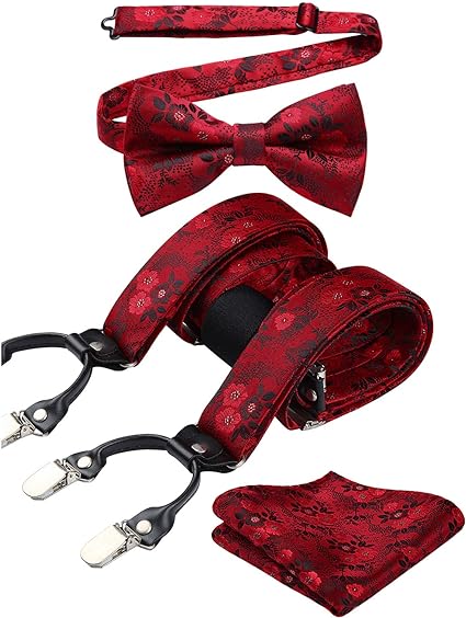 Photo 1 of HISDERN Suspenders for Men Paisley Floral Bow tie Suspender Pocket Square Sets Adjustable Y Shape 6 Clips Wedding Braces

