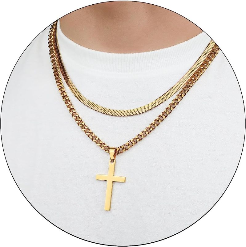 Photo 1 of RUOOUY Layered Cross Necklace for Men Boys Stainless Steel Layered Snake Chain Cuban Link Chain 16-24 inch Christian Cross Pendant Religious Jewelry Gifts
