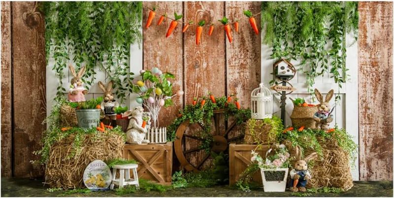 Photo 1 of Kate 20x10ft Spring Garden Flowers Easter Decoration Photography Backdrops Farm Wood Wall Cute Rabbit Haystack Carrot Photo Studio Background Shooting
