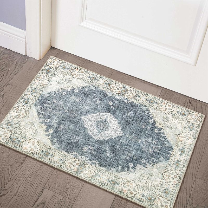 Photo 1 of {2'x3'} MUJOO Blue Grey Area Rug Small Rugs Boho Machine Washable Rugs Non Slip for Entryway Kitchen Bathroom Bedroom Vintage Soft Low-Pile 2'x3' Flowers
