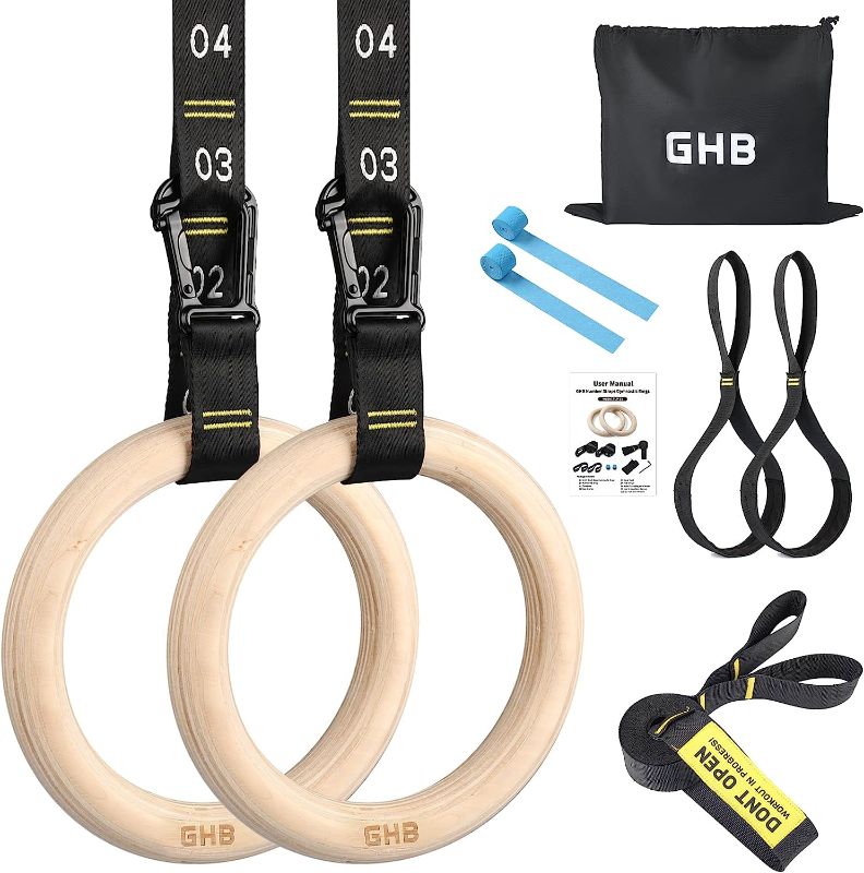 Photo 1 of GHB Gymnastic Rings Wooden Gym Rings 1.25'' Training RingsAdjustable Numbered Straps Pull Up Rings Sets for Workout Bodyweight Fitness Training
