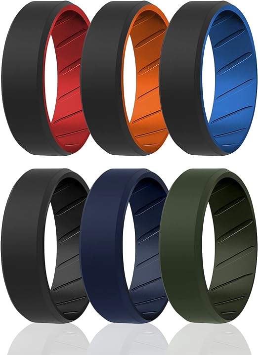 Photo 1 of (13) ROQ Silicone Rubber Wedding Ring for Men, Comfort Fit, Men's Wedding Band, Breathable Rubber Engagement Band, Beveled Edge or Duo, Multi Packs, Multi Colors
