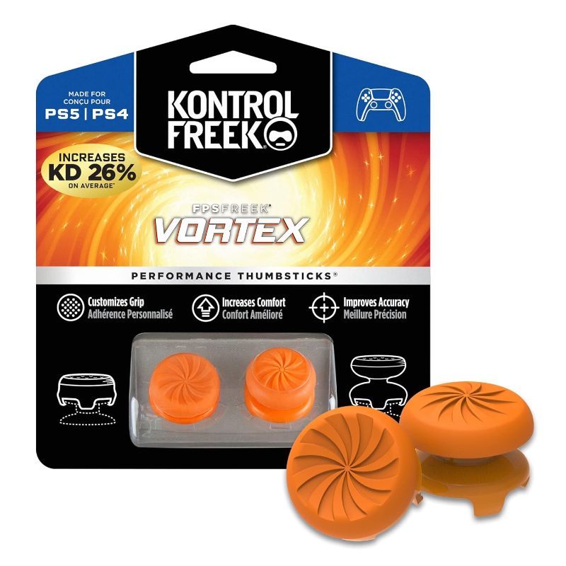 Photo 1 of KontrolFreek FPS Freek Vortex for Playstation 4 (PS4) and Playstation 5 (PS5) Controller | Performance Thumbsticks | 1 High-Rise Convex, 1 Mid-Rise Concave | Orange
