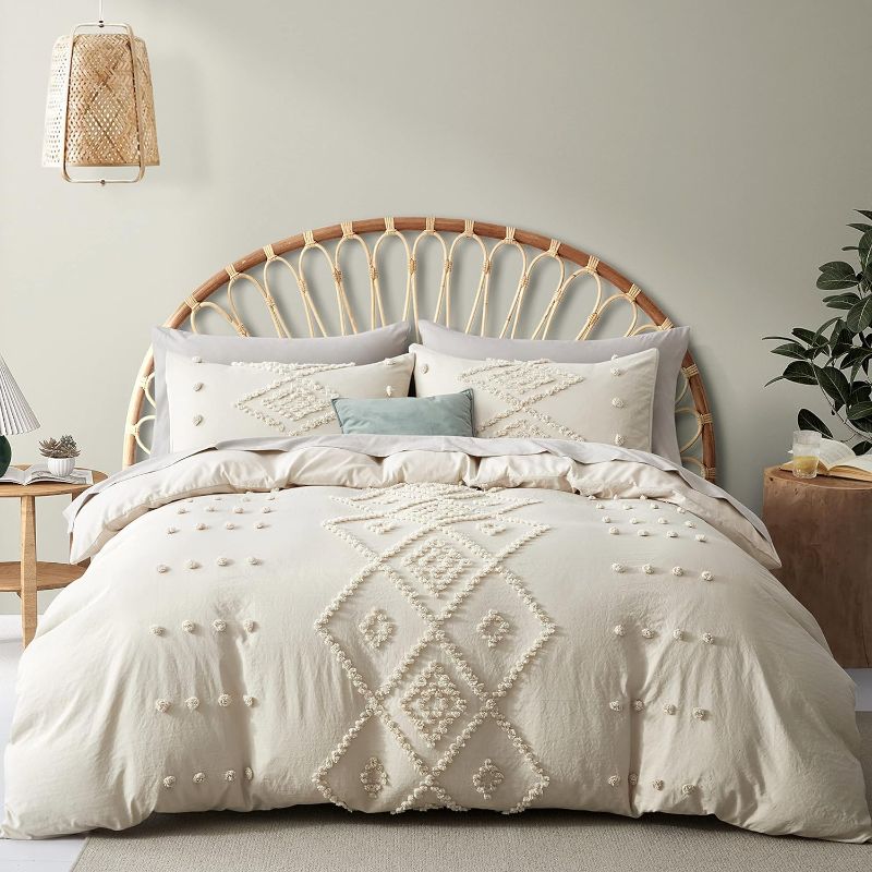 Photo 1 of {Q} Oli Anderson Tufted Duvet Cover Queen Size, Soft and Lightweight Duvet Covers Set for All Seasons, 3 Pieces Boho Embroidery Shabby Chic Bedding Set (Beige, Queen, 90’’ x 90’’)
